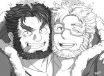  2boys bara beard blush character_request christmas cigar close-up contrast ded_(tokyo_houkago_summoners) face face-to-face facial_hair forked_eyebrows fur-trimmed_jacket fur_trim greyscale halo hijirino_yuuta jacket male_focus monochrome multiple_boys muscular muscular_male old old_man one_eye_closed open_mouth santa_costume short_hair smile tokyo_houkago_summoners upper_body 