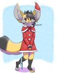  ambiguous_gender anthro black_hair brown_eyes canid canine christmas christmas_clothing christmas_headwear clothing dragon ear_piercing fennec fox fur girly hair hat headgear headwear hi_res holidays horn hybrid inner_ear_fluff long_ears long_hair looking_at_viewer male mammal multicolored_body multicolored_fur panties panties_around_one_leg piercing pink_nose santa_hat simple_background smile smiling_at_viewer snow snowing solo standing sugar_(suger_phox) suger_phox tuft underwear underwear_around_one_leg 