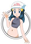  1girl bare_shoulders beanie blue_eyes blue_hair cropped_sweater cropped_torso dawn_(pokemon) hainchu hat long_hair looking_at_viewer midriff navel open_mouth pokemon pokemon_(anime) ribbed_sweater simple_background sleeveless stomach sweater turtleneck turtleneck_sweater upper_body white_background 