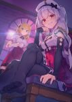  2girls aiguillette ajax_(azur_lane) azur_lane backlighting bangs beret black_bow black_gloves black_legwear blonde_hair bow capelet chair closed_mouth crossed_legs cup dutch_angle elbow_gloves gloves green_eyes grin hair_ribbon hair_tie half-closed_eyes half_gloves hand_on_own_chin hat hat_bow high-waist_skirt holding holding_cup indoors leander_(azur_lane) long_hair looking_at_viewer multiple_girls pantyhose pink_sky pleated_skirt red_eyes red_skirt ribbon shirt short_sleeves silver_hair sitting skirt smile sun teacup thighhighs twintails white_capelet white_gloves white_headwear white_shirt window yasumo_(kuusouorbital) 