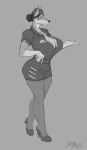  absurd_res anthro big_breasts bottomwear breasts canid canine canis clothing domestic_dog female flight_attendant footwear greasymojo hi_res high_heels mammal monochrome shoes skirt solo 