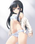  1girl asashio_(kantai_collection) bangs black_hair blue_eyes blush bow bow_bra bow_panties bra breasts buttons dd_(ijigendd) eyebrows_visible_through_hair hair_between_eyes highres kantai_collection long_hair long_sleeves looking_at_viewer navel open_clothes open_shirt panties shirt simple_background small_breasts solo standing underwear white_background white_bra white_panties white_shirt 