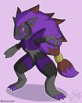  2020 ambiguous_gender anthro cybernetics cyborg dipstick_hair front_view fur grey_body grey_fur hair hybrid machine nintendo pink_background pok&eacute;mon pok&eacute;mon_(species) protogen punkskunkart purple_hair screen screen_face shiny_pok&eacute;mon signature simple_background solo standing video_games zoroark 