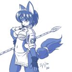  1:1 anthro blue_body blue_fur blue_hair bottomwear breasts canid canine cleavage clothed clothing female fox fox_mccloud fur hair j-fujita jacket jewelry krystal krystal&#039;s_staff loincloth looking_at_viewer mammal navel nintendo solo staff star_fox topwear video_games weapon white_body white_fur 