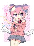  :d absurdres angel_wings black_bow blue_bow bow dadadada_tenshi double_bun fang grey_skirt highres holding long_sleeves open_mouth original party_popper pink_eyes pink_hair pink_sweater pleated_skirt richard_(richaball) shoulders skirt smile sweater wings 