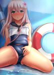  1girl bare_arms bare_legs bare_shoulders blonde_hair blue_eyes blush commentary_request crop_top flower hair_flower hair_ornament highres kantai_collection lifebuoy long_hair looking_at_viewer nicoby one-piece_swimsuit one-piece_tan open_mouth partially_visible_vulva ro-500_(kantai_collection) sailor_collar school_swimsuit school_uniform sitting solo spread_legs swimsuit swimsuit_under_clothes tan tanline torpedo wet 