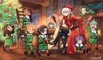  4boys 5girls absurdres bernadetta_von_varley black_footwear boots cape_removed caspar_von_bergliez character_doll christmas christmas_tree dorothea_arnault elf ferdinand_von_aegir fire_emblem fire_emblem:_three_houses fireplace hat highres hubert_von_vestra ladder multiple_boys multiple_girls petra_macneary pointy_ears puppet reading santa_hat sethkiel sitting table thigh_boots thighhighs 