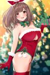  1girl :d bangs bare_shoulders bell bell_collar blurry blurry_background blush bow box breasts brown_eyes brown_hair christmas christmas_lights christmas_ornaments christmas_tree cleavage clothing_cutout collar eyebrows_visible_through_hair fur-trimmed_leotard garter_straps gift gift_box gloves green_neckwear hair_bow half_gloves high_ponytail holding holding_gift idolmaster idolmaster_shiny_colors koukoku large_breasts leotard long_hair looking_at_viewer open_mouth ponytail red_bow red_gloves red_legwear santa_costume side-tie_leotard sleeveless smile solo strapless thighhighs tsukioka_kogane underboob underboob_cutout 