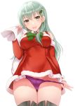  1girl absurdres aqua_hair bangs blush boots bow bowtie breasts cameltoe christmas christmas_tree_hair_ornament detached_sleeves dress fur_trim green_eyes green_neckwear hair_between_eyes hair_ornament highres holding holding_sack interstellar kantai_collection large_breasts long_hair open_mouth panties panty_pull pink_panties red_dress sack santa_costume simple_background solo suzuya_(kantai_collection) thigh_boots thighhighs underwear white_background 