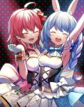  2girls :d ahoge animal_ear_fluff animal_ears arm_up armpits blue_bow blue_hair blush bow bowtie bunny_ears closed_eyes commentary_request eyebrows_visible_through_hair gloves hololive idol kito_koruta multiple_girls nonstop_story one_side_up open_mouth pink_bow pink_hair polka_dot polka_dot_background sakura_miko smile twintails upper_body usada_pekora virtual_youtuber white_gloves 