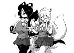  2020 4_fingers 5_fingers anaugi anthro bag beverage bottomwear bow_(disambiguation) can canid canine canis clothed clothing domestic_dog duo facial_markings fangs female fingers fox hachimitsu hair hair_over_eye head_markings hi_res high_school_inari_tamamo-chan holding_beverage holding_object inner_ear_fluff long_hair looking_at_another mammal markings monochrome one_eye_closed one_eye_obstructed open_mouth open_smile pawpads pleated_skirt scar school_uniform simple_background skirt smile smirk tamamo-chan&#039;s_a_fox tamamo_fushimi topwear tuft uniform vest white_background 