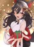 1girl animal_ears bare_shoulders bell breasts brooch brown_hair fang gift hair_ornament hair_ribbon highres imaizumi_kagerou jewelry ke-su large_breasts long_hair looking_at_viewer open_mouth presenting red_eyes red_scarf ribbon scarf solo tail touhou wolf_ears wolf_tail 