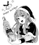  1girl alcohol alternate_costume bangs bell blush bottle capelet christmas commentary_request cropped_torso cup drinking_glass eyebrows_visible_through_hair fujinoki_(horonabe-ken) fur_trim greyscale happy_holidays hat headgear helena_(kantai_collection) holding holding_bottle holly jose_cuervo kantai_collection long_hair long_sleeves monochrome open_mouth santa_costume santa_hat signature simple_background solo star_(symbol) tequila upper_body 