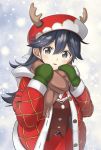  1girl antlers black_hair blush brown_eyes brown_scarf buttons coat eyebrows_visible_through_hair fringe_trim hair_between_eyes highres kantai_collection long_hair long_sleeves looking_at_viewer mittens negahami open_clothes open_coat open_mouth red_coat red_headwear reindeer_antlers scarf solo upper_body ushio_(kantai_collection) 