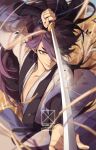  1boy action bean_mr12 fengxi_(the_legend_of_luoxiaohei) hair_over_one_eye highres holding holding_sword holding_weapon long_hair long_sleeves purple_eyes purple_hair shadow signature solo sword the_legend_of_luo_xiaohei upper_body very_long_hair weapon 