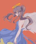  1girl absurdres angel angel_wings bare_shoulders blue_dress blush dress earrings halo highres hoshizora jewelry light_purple_hair long_hair low_wings nail_polish orange_background original parted_lips purple_nails red_eyes simple_background single_earring sketch solo twintails wings 