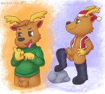  animal_crossing anthro balls bottomless capreoline cervid christmas christmas_clothing clothed clothing erection flaccid genitals holidays jingle_(animal_crossing) male mammal mostly_nude nintendo penis reindeer sweater topwear unboxyguy video_games 