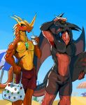  anthro bag bakugan bakugan_(series) bakugan_battle_brawlers beach blush bottomwear breasts bulge clothed clothing drago_(bakugan) dragon drinking helios hi_res male seaside sellon shorts smile surfboard tongue topless topless_male vehicle watercraft 