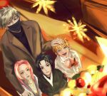  1girl 3boys :d absurdres aqua_eyes bangs black_eyes black_hair black_jacket black_mask black_shirt blonde_hair brown_jacket casual christmas_tree commentary_request contemporary dutch_angle eyebrows_behind_hair from_above green_eyes hand_on_another&#039;s_head haruno_sakura hatake_kakashi highres jacket long_hair looking_up mask mouth_mask multiple_boys naruto naruto_(series) open_mouth parted_bangs parted_lips pink_hair shirt short_hair silver_hair smile sparkle spiked_hair standing suit_jacket tile_floor tiles ttebayong turtleneck uchiha_sasuke uzumaki_naruto white_shirt younger 