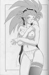  artist_request breasts cum doujinshi garters greyscale hair_pulled_back hakubi_washuu highres medium_breasts monochrome older panties single_thighhigh solo spiked_hair tenchi_muyou! thighhighs topless underwear underwear_only 