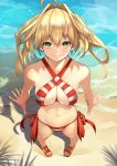  1girl 55level ahoge bangs bare_arms bare_legs bare_shoulders beach bikini blonde_hair blue_earrings blush breasts cleavage commentary_request criss-cross_halter day earrings eyebrows_visible_through_hair fate/grand_order fate_(series) from_above green_eyes hair_intakes halterneck highres jewelry large_breasts long_hair looking_at_viewer medium_hair messy_hair navel nero_claudius_(fate)_(all) nero_claudius_(swimsuit_caster)_(fate) orange_footwear sandals shadow side-tie_bikini smile solo striped striped_bikini swimsuit twintails water 