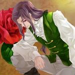  berserker_(fate/zero) bow cravat fate/zero fate_(series) flower hair_bow lancelot_(fate/zero) long_hair male_focus ponytail purple_eyes purple_hair red_flower red_rose rose smile yasiroyuu 