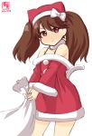  1girl alternate_costume animal_hat artist_logo blush brown_eyes brown_hair cat_hat cat_tail commentary_request cowboy_shot dated dress drill_hair fur-trimmed_dress fur_trim hat highres kanon_(kurogane_knights) kantai_collection long_hair looking_at_viewer off-shoulder_dress off_shoulder pillow_hat red_dress red_headwear ryuujou_(kantai_collection) simple_background solo tail twin_drills white_background 