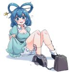 aqua_dress black_footwear bloomers blue_eyes blue_hair blush bobby_socks breasts cleavage collarbone dress drill_hair drill_locks eyebrows_visible_through_hair flying_sweatdrops foothold_trap full_body hair_ornament hair_rings hair_stick itatatata kaku_seiga knees_up lifted_by_self looking_at_viewer medium_breasts nervous_smile ofuda short_hair simple_background sitting skirt skirt_lift socks touhou twin_drills underwear vest white_background white_vest 