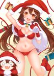  1girl :d amber_(genshin_impact) arm_up armpits bangs baron_bunny bell bikini blush boots box breasts brown_background brown_eyes brown_hair capelet christmas cleavage commentary_request denkaisui eyebrows_visible_through_hair fur-trimmed_boots fur-trimmed_capelet fur-trimmed_gloves fur-trimmed_headwear fur_trim genshin_impact gift gift_box gloves gradient gradient_background hair_between_eyes hand_up highres holding holding_sack knee_boots long_hair medium_breasts navel open_mouth red_bikini red_capelet red_footwear red_gloves red_headwear sack side-tie_bikini smile standing standing_on_one_leg swimsuit upper_teeth very_long_hair white_background 