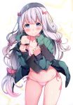  1girl absurdres ass_visible_through_thighs bangs bare_shoulders bikini blue_eyes blush bow breasts closed_mouth collarbone drawing_tablet eromanga_sensei eyebrows_visible_through_hair fingernails gradient gradient_background hair_bow hair_ornament highres holding izumi_sagiri jacket kat_(bu-kunn) long_hair long_sleeves looking_at_viewer navel off_shoulder open_clothes open_jacket pink_bikini scan shiny shiny_hair shiny_skin side-tie_bikini silver_hair small_breasts solo star_(symbol) starry_background stomach stylus swimsuit tears thighs tied_hair 