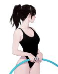  1girl athletic_leotard bangs bare_arms bare_shoulders black_hair breasts cleavage collarbone cowboy_shot dongho_kang gymnastics_ring highleg highres holding large_breasts leotard long_hair looking_to_the_side original pale_skin ponytail simple_background solo symbol_commentary white_background 