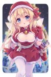 1girl :o alternate_costume baku-p bell blonde_hair blue_eyes blurry blurry_background blush border bow bowtie breasts capelet cleavage cleavage_cutout clothing_cutout commentary_request dress eyebrows_visible_through_hair fairy_wings feet_out_of_frame gloves hair_between_eyes hat head_tilt highres lily_white long_hair looking_at_viewer medium_breasts neck_bell night open_mouth outside_border pantyhose red_bow red_capelet red_dress red_gloves red_headwear red_neckwear santa_costume santa_hat snowing solo standing touhou white_border white_legwear wings 