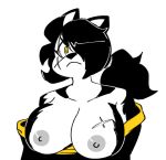  2020 anaugi anthro areola asian_clothing bare_shoulders big_breasts black_body black_fur black_hair breasts canid canine canis clothing domestic_dog east_asian_clothing erect_nipples exposed_breasts female frown fur hachimitsu hair hair_over_eye japanese_clothing kimono looking_at_viewer mammal nipples one_eye_obstructed ponytail scar simple_background solo tied_hair white_background white_body white_fur yellow_eyes 