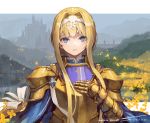  1girl alice_zuberg armor artist_name bangs blonde_hair blue_eyes bow braid chest_plate commentary_request dated gold_armor hair_bow hair_intakes hairband hand_on_own_chest hand_up highres light_smile long_hair looking_at_viewer outdoors shiny shiny_hair shoulder_plates signature smile solo suzuno_(bookshelf) sword_art_online sword_art_online:_alicization very_long_hair white_bow white_hairband 