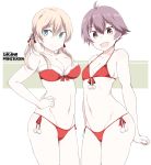  2girls alternate_costume anchor_hair_ornament aqua_eyes bare_arms bare_shoulders bikini blonde_hair breasts brown_eyes character_name christmas collarbone commentary_request fur_trim hair_ornament halterneck kantai_collection looking_at_viewer multiple_girls navel open_mouth prinz_eugen_(kantai_collection) red_bikini sakawa_(kantai_collection) santa_bikini santa_costume shigino_sohuzi short_hair side-tie_bikini smile stomach string_bikini striped striped_background swimsuit twintails 