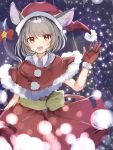 :d animal_ears bangs blurry bokeh bow capelet commentary_request cowboy_shot depth_of_field dress eyebrows_visible_through_hair fur_trim gloves grey_hair hair_between_eyes hat highres looking_at_viewer mirokudays mouse_ears nazrin open_mouth pom_pom_(clothes) red_bow red_capelet red_dress red_eyes red_gloves red_headwear santa_hat short_hair smile snowing star_(symbol) tail tail_bow tail_ornament touhou waving 