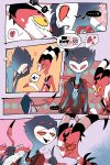  &lt;3 4_eyes anthro avian ball_gag bird blitzo_(vivzmind) blush book comic demon duo feathers gag helluva_boss hi_res imp male male/male multi_eye owl red_eyes smile sorisoru speach_bubble stolas_(vivzmind) 