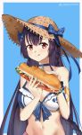  1girl :q absurdres armlet bangs bare_shoulders bikini blue_background blue_bow blush border bow braid breasts brown_headwear cleavage closed_mouth eating epic7 eyebrows_visible_through_hair food frilled_bikini frills hat hat_bow hat_ornament highres holding holding_food karin_fantaria large_breasts long_hair looking_at_viewer navel outside_border purple_hair red_eyes sandwich side_braid simple_background smile solo stomach straw_hat swimsuit tongue tongue_out twitter_username twomoon upper_body very_long_hair white_bikini white_border 