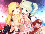  2girls aikatsu! aikatsu!_(series) black_gloves blonde_hair blue_eyes blue_flower blue_rose boots capelet chain checkered commentary_request cross-laced_footwear dress drill_hair earrings elbow_gloves fangs fingerless_gloves floral_print flower gloves hair_flower hair_ornament hair_ribbon hairband highres hitoto holding_hands hoshimiya_ichigo interlocked_fingers jewelry knee_boots long_hair multiple_girls open_mouth petals red_eyes red_flower red_rose revision ribbon rose shoulder_grab toudou_yurika twin_drills twintails vampire yuri 