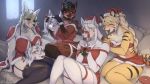  16:9 anthro big_breasts blush bound breasts canid canine christmas christmas_clothing christmas_headwear cleavage clothed clothing detachable detachable_head felid female garter_straps group hat headgear headwear hi_res holidays kemono mammal mistletoe pantherine plant santa_hat sincrescent tiger widescreen 