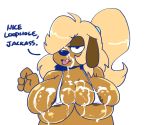  2020 4_fingers anaugi anthro areola areola_slip big_breasts bikini bikini_top blonde_hair bodily_fluids breasts brown_body brown_fur canid canine canis clothed clothing cum cum_on_breasts cum_on_face cum_on_tongue dialogue domestic_dog ello_(anaugi) english_text female fingers fur genital_fluids hair hair_over_eye half-closed_eyes hi_res long_hair mammal narrowed_eyes one_eye_obstructed ponytail simple_background solo swimwear text tight_clothing tongue tongue_out white_background 