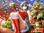  1girl arm_support bangs bare_shoulders bell boots bow box breasts choker christmas christmas_ornaments christmas_tree closed_mouth commentary delsaber dress earrings eyebrows_visible_through_hair fingerless_gloves fingernails fire_emblem fire_emblem:_the_blazing_blade full_body fur_trim gift gift_box gloves green_eyes green_hair hat holding jewelry knee_boots lips long_hair lyn_(fire_emblem) medium_breasts pom_pom_(clothes) red_dress red_footwear red_gloves santa_costume santa_hat shiny shiny_hair short_dress simple_background sleeveless smile snow snowing solo sparkle star_(symbol) star_earrings thighs wooden_floor 