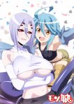  2girls :d ahoge arachne bare_shoulders blue_hair blue_wings breasts carapace commentary_request detached_sleeves extra_eyes feathered_wings hair_between_eyes happy harpy highres insect_girl kagiyama_(clave) large_breasts looking_at_viewer monster_girl monster_musume_no_iru_nichijou multiple_girls open_mouth orange_eyes papi_(monster_musume) rachnera_arachnera red_eyes short_hair short_shorts shorts silver_hair small_breasts smile spider_girl underboob wings 
