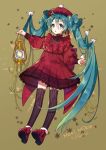  1girl :o animal bangs beret bird black_legwear blush boots bow brown_background commentary_request dress full_body fur-trimmed_boots fur_trim green_eyes green_hair hair_between_eyes hat hatsune_miku highres holding lace-trimmed_legwear lace_trim lantern long_hair long_sleeves looking_at_viewer manle parted_lips puffy_long_sleeves puffy_sleeves red_bow red_dress red_footwear red_headwear signature snowflake_background solo striped striped_legwear thighhighs twintails vertical-striped_legwear vertical_stripes very_long_hair vocaloid 