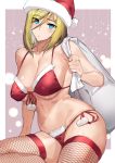  1girl ashiomi_masato bangs bikini blonde_hair blue_eyes blush breasts christmas cleavage closed_mouth commentary_request fishnet_legwear fishnets guilty_gear hair_between_eyes hat highres holding holding_sack large_breasts millia_rage pom_pom_(clothes) red_bikini sack santa_bikini santa_costume santa_hat short_hair side-tie_bikini simple_background solo star_(symbol) swimsuit thighhighs 