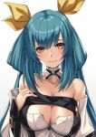  1girl bangs bare_shoulders blue_hair blush breasts cleavage cleavage_cutout closed_mouth clothing_cutout collarbone detached_collar detached_sleeves dizzy_(guilty_gear) eyebrows_visible_through_hair guilty_gear guilty_gear_xrd hair_between_eyes hair_ribbon hand_on_own_chest highres large_breasts long_hair long_sleeves looking_at_viewer red_eyes ribbon smile solo strapless takanashi-a twintails upper_body very_long_hair yellow_ribbon 