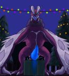  2020 avian biped blue_internals blue_penis christmas christmas_lights christmas_tree claws cloacal_penis digital_media_(artwork) erection feral forest front_view fur garland genitals gift glowing glowing_genitalia glowing_penis hi_res holidays horn legendary_pok&eacute;mon looking_at_viewer male nintendo open_mouth penis plant pok&eacute;mon pok&eacute;mon_(species) red_body shiny_pok&eacute;mon solo t-ace_juice toe_claws tree video_games white_body wings yveltal 