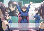  6+girls blue_eyes briefing commentary_request ear_piercing fake_facial_hair fake_mustache girls_frontline glasses hand_up js05_(girls_frontline) multiple_girls multiple_persona otome_game_no_hametsu_flag_shika_nai_akuyaku_reijou_ni_tensei_shite_shimatta p22_(girls_frontline) parody piercing pm-06_(girls_frontline) sarasa_(kanbi) screen shoulders standing table translation_request writing_on_wall 