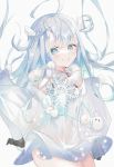  1girl absurdres ahoge amatsuka_uto bangs black_gloves blue_eyes dress floating_hair gloves hair_ornament hairclip highres indie_virtual_youtuber long_hair off-shoulder_dress off_shoulder pola_(1021) silver_dress smile snowflakes snowman solo two_side_up very_long_hair virtual_youtuber white_hair 