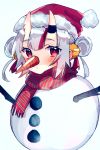 1girl alternate_hairstyle carrot christmas double_bun hat highres hololive horns kuukip looking_to_the_side nakiri_ayame oni_horns red_eyes red_scarf santa_hat scarf silver_hair snowman solo striped striped_scarf virtual_youtuber white_background winter 